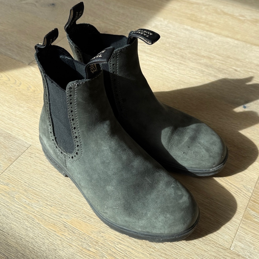 Blundstone dark gray leather high top Chelsea boots